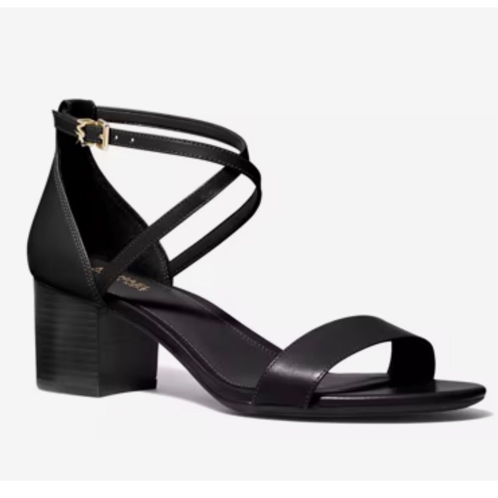 Michael Kors Black Leather Ankle Strap Block Heel Sandals Gold Logo Buckle